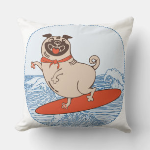 Wave riding happy pug dog on surfboard   cufflinks cushion