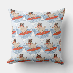 Wave riding happy pug dog on surfboard cushion