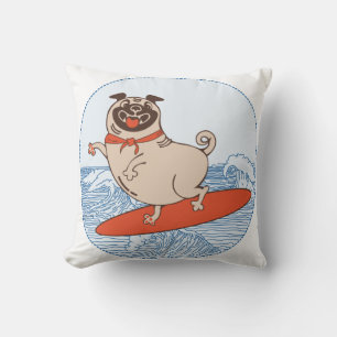 Wave riding happy pug dog on surfboard cushion