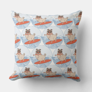 Wave riding happy pug dog on surfboard  cushion