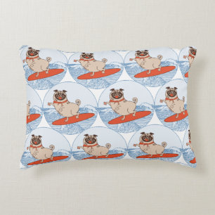 Wave riding happy pug dog on surfboard  decorative cushion