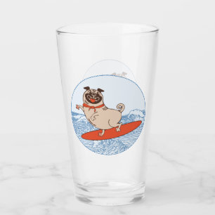 Wave riding happy pug dog on surfboard glass