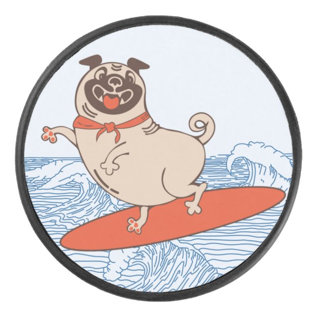 Wave riding happy pug dog on surfboard hockey puck (Front)