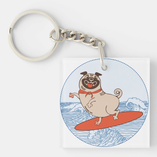 Wave riding happy pug dog on surfboard   key ring (Front)
