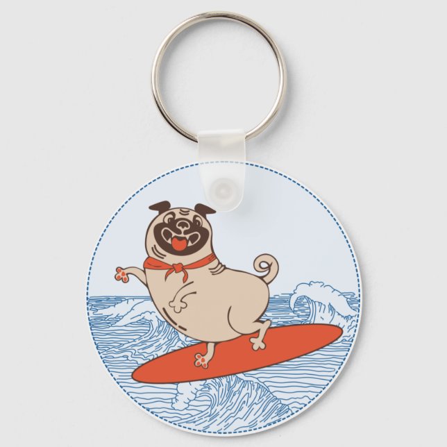 Wave riding happy pug dog on surfboard  key ring (Front)