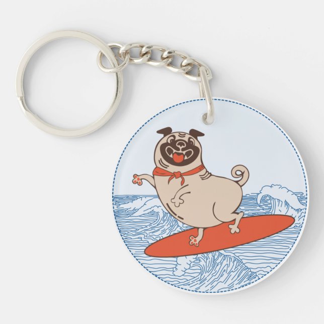 Wave riding happy pug dog on surfboard    key ring (Front)