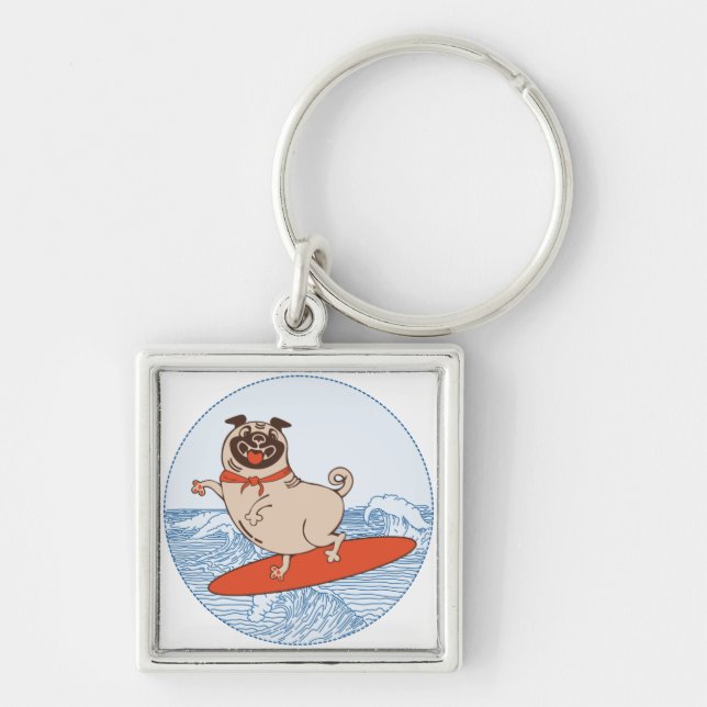 Wave riding happy pug dog on surfboard    key ring (Front)