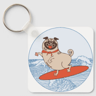 Wave riding happy pug dog on surfboard key ring