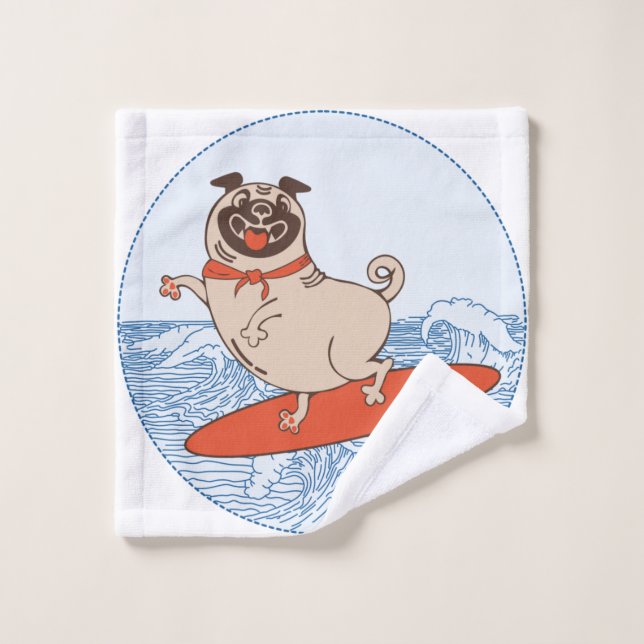 Wave riding happy pug dog on surfboard  keychain wash cloth (Wash Cloth)