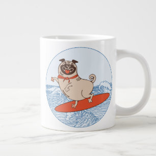 Wave riding happy pug dog on surfboard large coffee mug