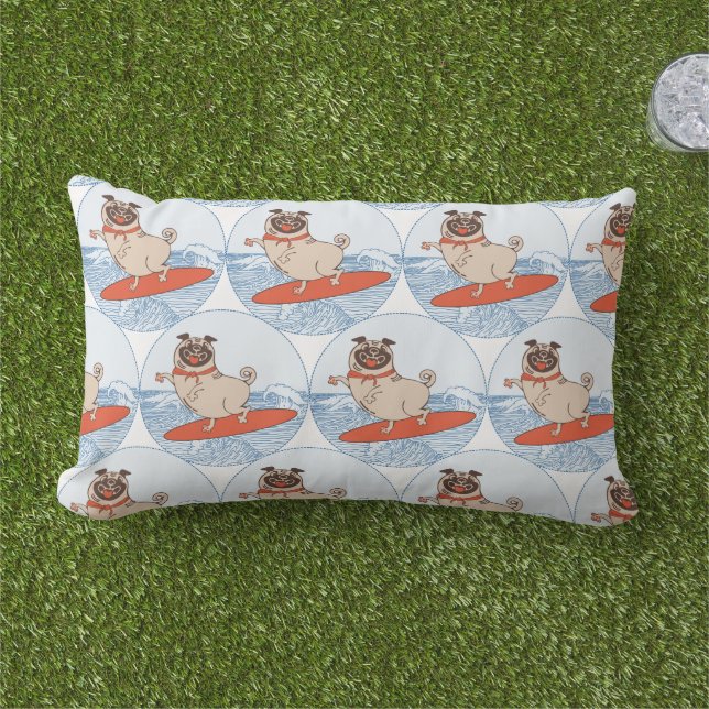Wave riding happy pug dog on surfboard  lumbar pil lumbar cushion (Grass)