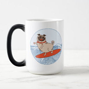 Wave riding happy pug dog on surfboard  magic mug