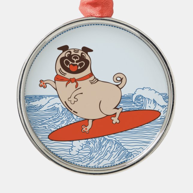 Wave riding happy pug dog on surfboard  metal ornament (Front)