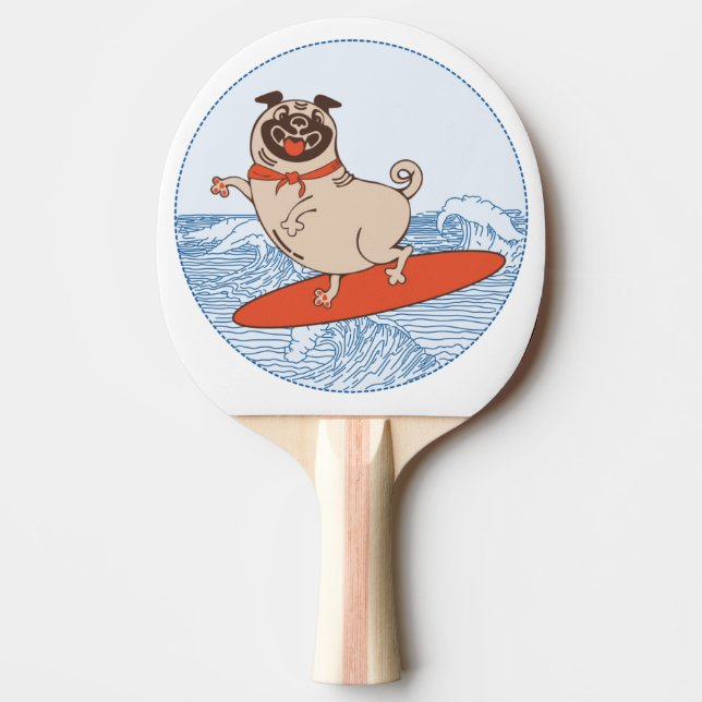 Wave riding happy pug dog on surfboard ping pong paddle (Front)