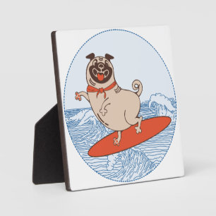 Wave riding happy pug dog on surfboard  plaque