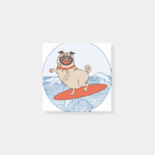 Wave riding happy pug dog on surfboard  post-it notes