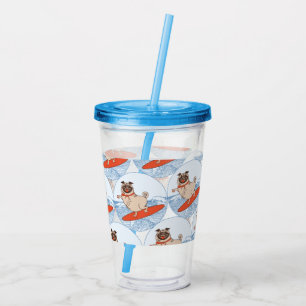 Wave riding happy pug dog on surfboard  scarf band acrylic tumbler