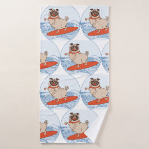 Wave riding happy pug dog on surfboard scarf band bath towel