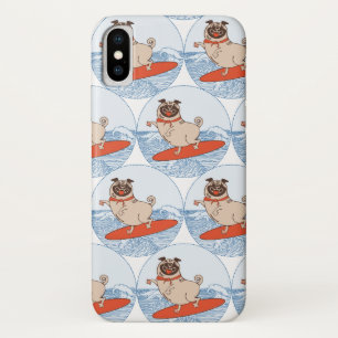 Wave riding happy pug dog on surfboard scarf band iPhone x case