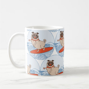 Wave riding happy pug dog on surfboard  scarf band coffee mug