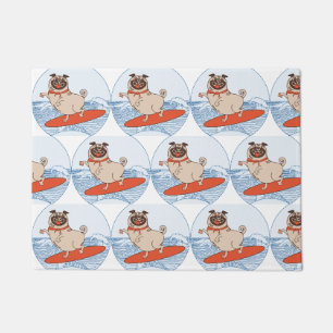 Wave riding happy pug dog on surfboard  scarf band doormat