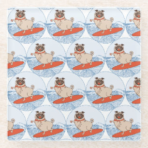 Wave riding happy pug dog on surfboard scarf band glass coaster