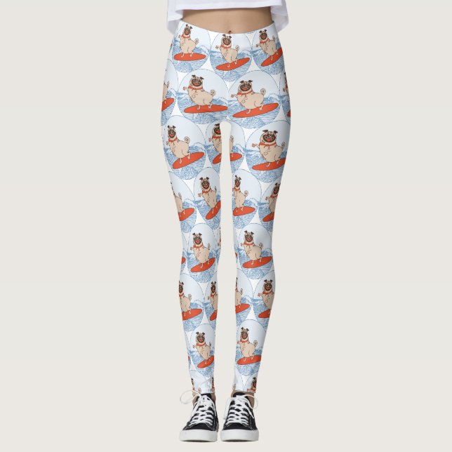 Wave riding happy pug dog on surfboard  scarf band leggings (Front)