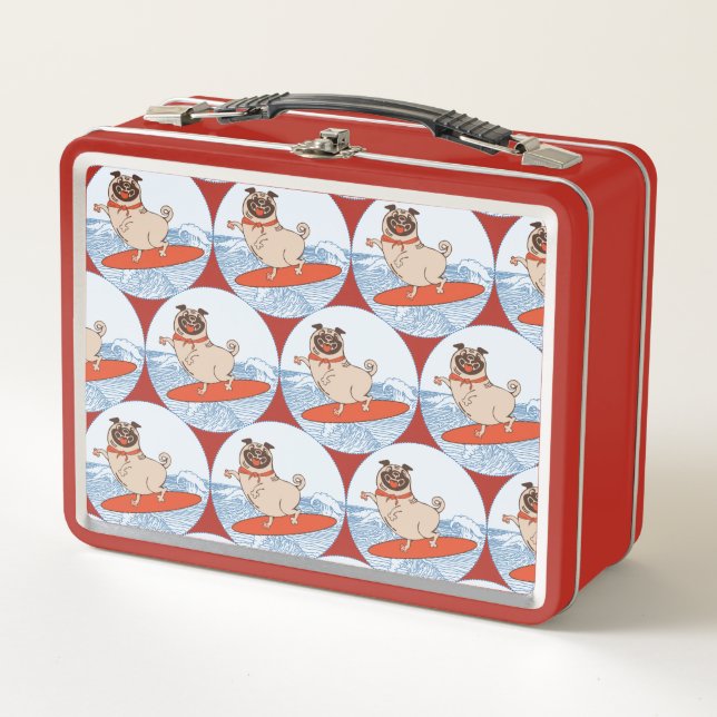 Wave riding happy pug dog on surfboard  scarf band metal lunch box (Front)