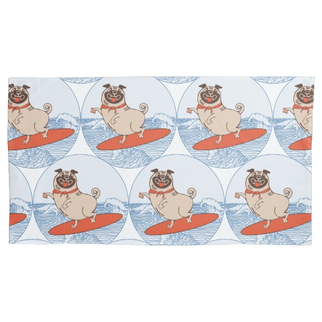 Wave riding happy pug dog on surfboard  scarf band pillowcase (Front)