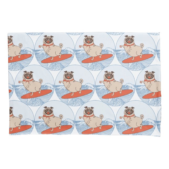 Wave riding happy pug dog on surfboard  scarf band pillowcase (Front-Left)