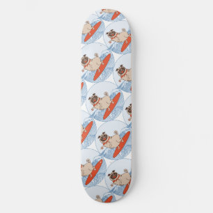Wave riding happy pug dog on surfboard scarf band skateboard