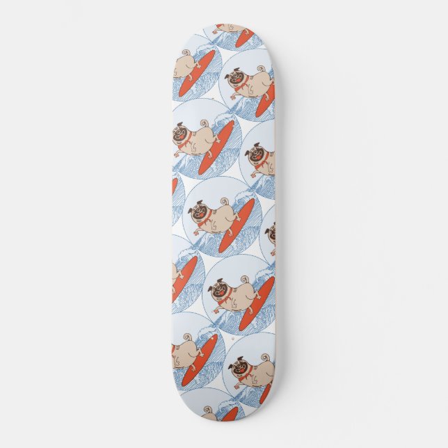 Wave riding happy pug dog on surfboard  scarf band skateboard (Front)