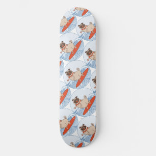 Wave riding happy pug dog on surfboard  scarf band skateboard
