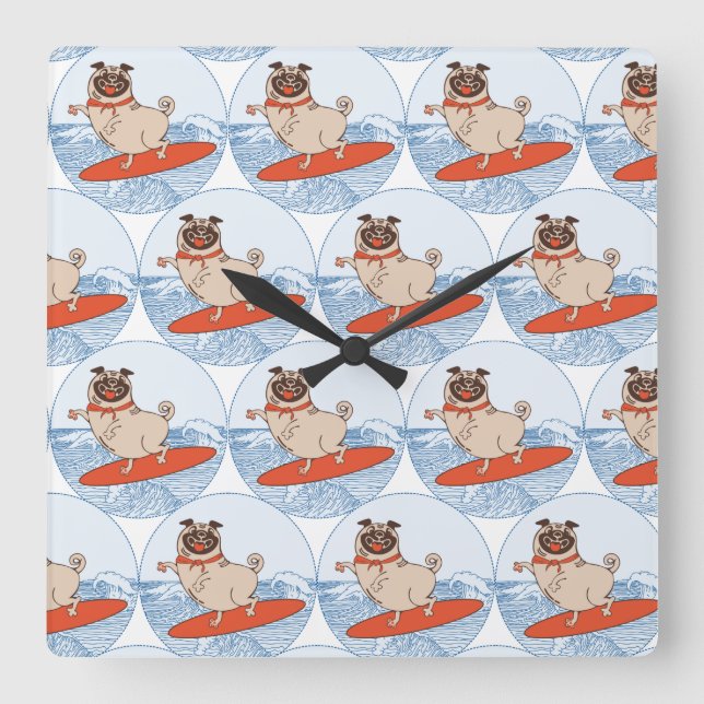 Wave riding happy pug dog on surfboard  square wall clock (Front)
