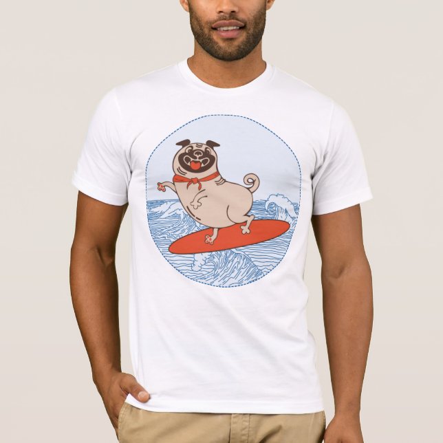Wave riding happy pug dog on surfboard  T-Shirt (Front)