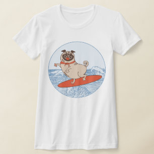 Wave riding happy pug dog on surfboard T-Shirt