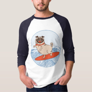 Wave riding happy pug dog on surfboard  T-Shirt