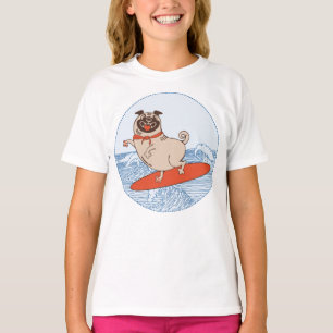 Wave riding happy pug dog on surfboard  T-Shirt