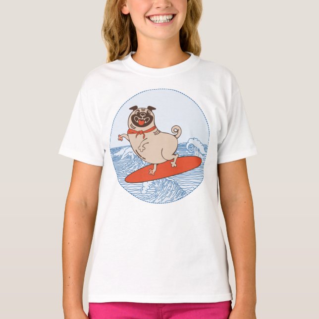 Wave riding happy pug dog on surfboard  T-Shirt (Front)
