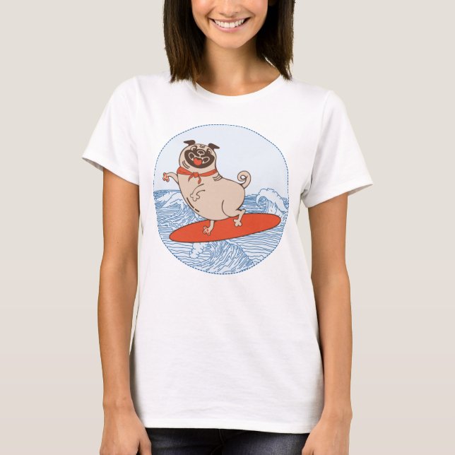 Wave riding happy pug dog on surfboard  T-Shirt (Front)