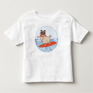 Wave riding happy pug dog on surfboard toddler T-Shirt