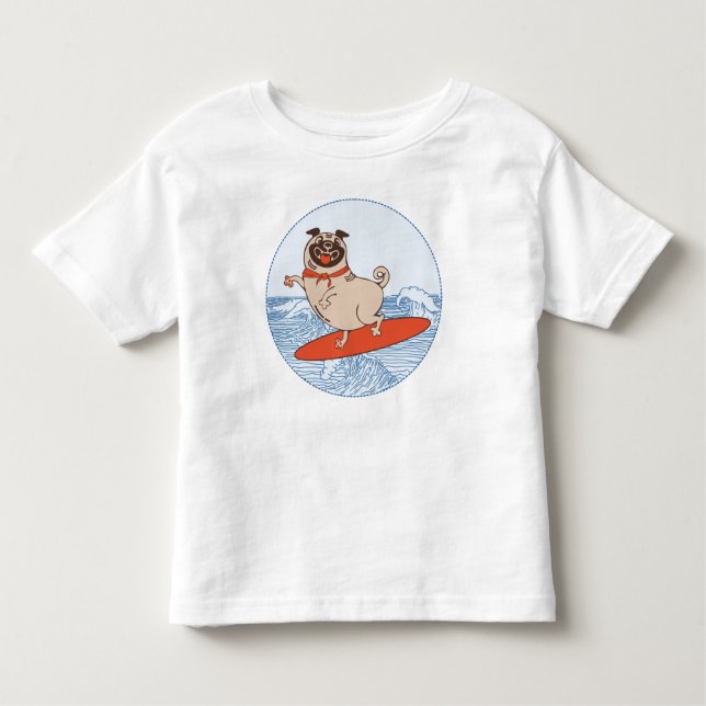 Wave riding happy pug dog on surfboard  toddler T-Shirt (Front)