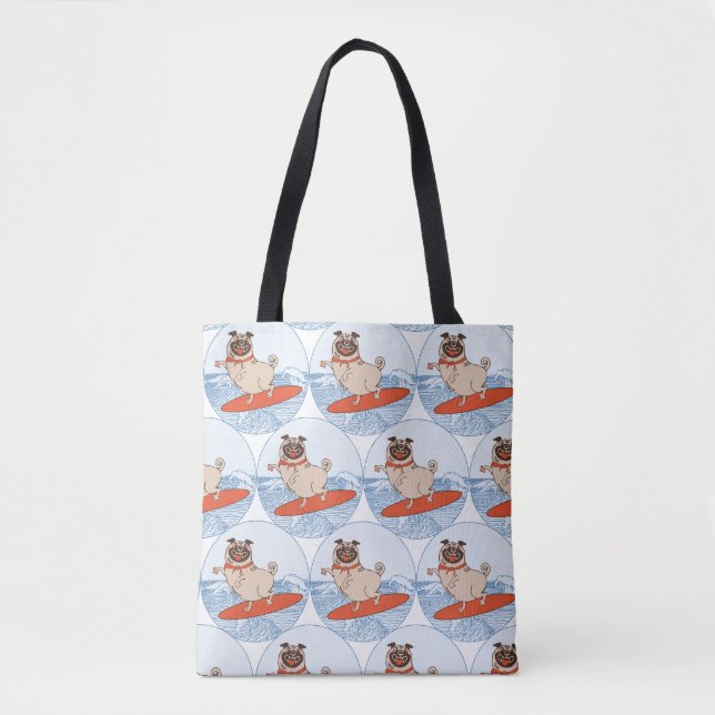 Wave riding happy pug dog on surfboard  tote bag (Front)