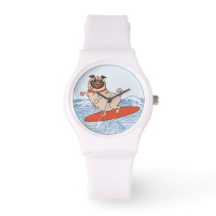 Wave riding happy pug dog on surfboard watch