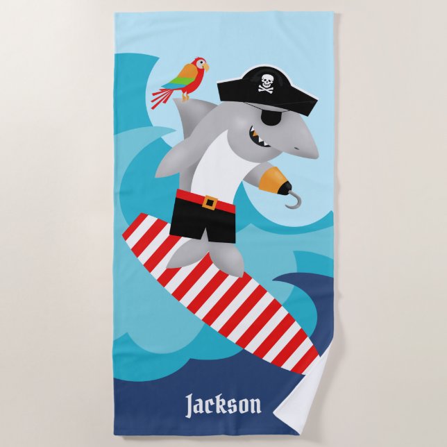 Wave Riding Surfing Shark Pirate Parrot Beach Towel (Front)