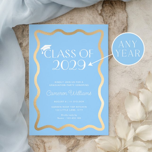 Wave Sky Blue Gold Graduation Party Invitation (Creator Uploaded)