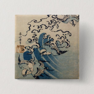 Waves and Birds, c.1825 (colour woodblock print) 15 Cm Square Badge