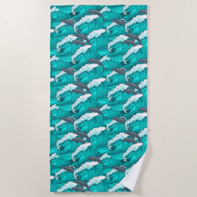 Waves and Dolphins Beach Towel (Front)