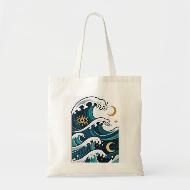 Waves and moon with eye tote bag (Front)