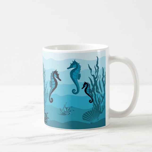Waves, Aqua, Ocean blue print, Sea horse shells Coffee Mug (Right)